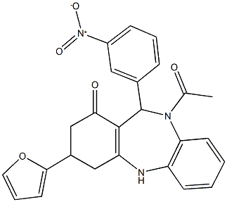 10-acetyl-3-(2-furyl)-11-{3-nitrophenyl}-2,3,4,5,10,11-hexahydro-1H-dibenzo[b,e][1,4]diazepin-1-one 结构式
