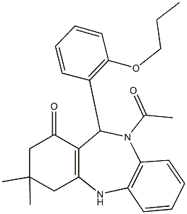 10-acetyl-3,3-dimethyl-11-(2-propoxyphenyl)-2,3,4,5,10,11-hexahydro-1H-dibenzo[b,e][1,4]diazepin-1-one 结构式