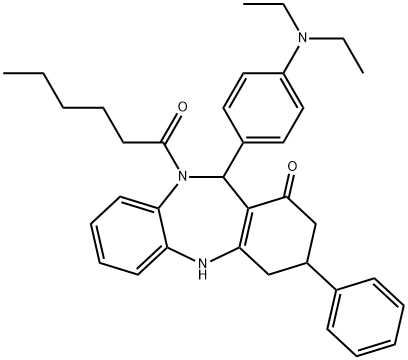 11-[4-(diethylamino)phenyl]-10-hexanoyl-3-phenyl-2,3,4,5,10,11-hexahydro-1H-dibenzo[b,e][1,4]diazepin-1-one 结构式