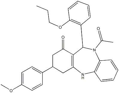 10-acetyl-3-(4-methoxyphenyl)-11-(2-propoxyphenyl)-2,3,4,5,10,11-hexahydro-1H-dibenzo[b,e][1,4]diazepin-1-one 结构式