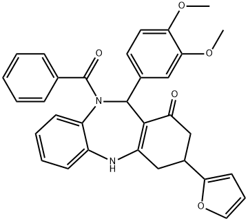 10-benzoyl-11-(3,4-dimethoxyphenyl)-3-(2-furyl)-2,3,4,5,10,11-hexahydro-1H-dibenzo[b,e][1,4]diazepin-1-one 结构式