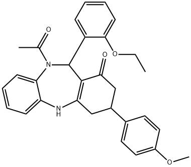 10-acetyl-11-(2-ethoxyphenyl)-3-(4-methoxyphenyl)-2,3,4,5,10,11-hexahydro-1H-dibenzo[b,e][1,4]diazepin-1-one 结构式