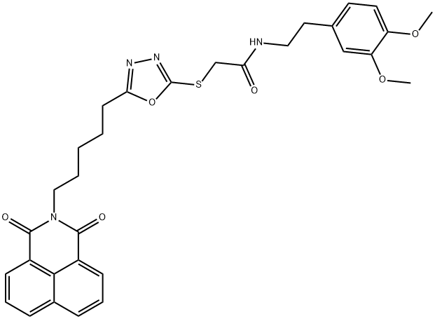 N-[2-(3,4-dimethoxyphenyl)ethyl]-2-({5-[5-(1,3-dioxo-1H-benzo[de]isoquinolin-2(3H)-yl)pentyl]-1,3,4-oxadiazol-2-yl}sulfanyl)acetamide 结构式