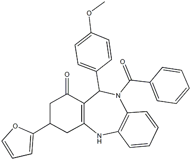 10-benzoyl-3-(2-furyl)-11-(4-methoxyphenyl)-2,3,4,5,10,11-hexahydro-1H-dibenzo[b,e][1,4]diazepin-1-one 结构式