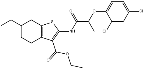 ethyl 2-{[2-(2,4-dichlorophenoxy)propanoyl]amino}-6-ethyl-4,5,6,7-tetrahydro-1-benzothiophene-3-carboxylate 结构式
