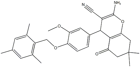 2-amino-4-[4-(mesitylmethoxy)-3-methoxyphenyl]-7,7-dimethyl-5-oxo-5,6,7,8-tetrahydro-4H-chromene-3-carbonitrile 结构式