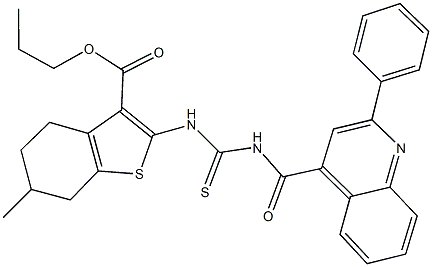 propyl 6-methyl-2-[({[(2-phenyl-4-quinolinyl)carbonyl]amino}carbothioyl)amino]-4,5,6,7-tetrahydro-1-benzothiophene-3-carboxylate 结构式