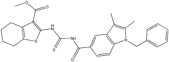 methyl 2-[({[(1-benzyl-2,3-dimethyl-1H-indol-5-yl)carbonyl]amino}carbothioyl)amino]-4,5,6,7-tetrahydro-1-benzothiophene-3-carboxylate 结构式