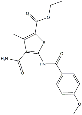 ethyl 4-(aminocarbonyl)-5-[(4-methoxybenzoyl)amino]-3-methyl-2-thiophenecarboxylate 结构式