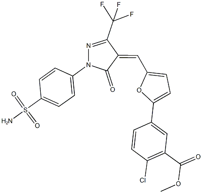 methyl 5-(5-{[1-[4-(aminosulfonyl)phenyl]-5-oxo-3-(trifluoromethyl)-1,5-dihydro-4H-pyrazol-4-ylidene]methyl}-2-furyl)-2-chlorobenzoate 结构式