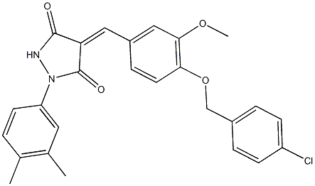 4-{4-[(4-chlorobenzyl)oxy]-3-methoxybenzylidene}-1-(3,4-dimethylphenyl)-3,5-pyrazolidinedione 结构式