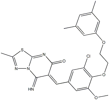 6-{3-chloro-4-[2-(3,5-dimethylphenoxy)ethoxy]-5-methoxybenzylidene}-5-imino-2-methyl-5,6-dihydro-7H-[1,3,4]thiadiazolo[3,2-a]pyrimidin-7-one 结构式