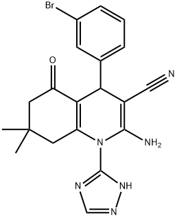 2-amino-4-(3-bromophenyl)-7,7-dimethyl-5-oxo-1-(1H-1,2,4-triazol-3-yl)-1,4,5,6,7,8-hexahydro-3-quinolinecarbonitrile 结构式