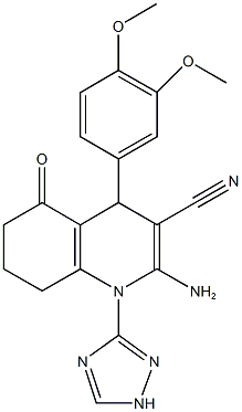 2-amino-4-(3,4-dimethoxyphenyl)-5-oxo-1-(1H-1,2,4-triazol-3-yl)-1,4,5,6,7,8-hexahydro-3-quinolinecarbonitrile 结构式