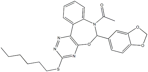7-acetyl-6-(1,3-benzodioxol-5-yl)-6,7-dihydro[1,2,4]triazino[5,6-d][3,1]benzoxazepin-3-yl hexyl sulfide 结构式