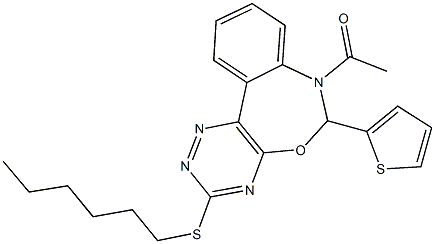 7-acetyl-6-(2-thienyl)-6,7-dihydro[1,2,4]triazino[5,6-d][3,1]benzoxazepin-3-yl hexyl sulfide 结构式