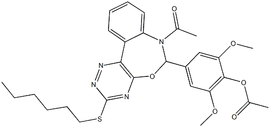 4-[7-acetyl-3-(hexylsulfanyl)-6,7-dihydro[1,2,4]triazino[5,6-d][3,1]benzoxazepin-6-yl]-2,6-dimethoxyphenyl acetate 结构式