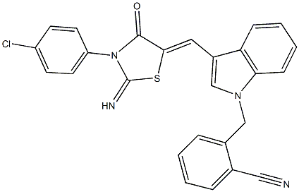 2-[(3-{[3-(4-chlorophenyl)-2-imino-4-oxo-1,3-thiazolidin-5-ylidene]methyl}-1H-indol-1-yl)methyl]benzonitrile 结构式