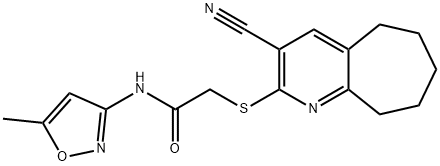 2-[(3-cyano-6,7,8,9-tetrahydro-5H-cyclohepta[b]pyridin-2-yl)sulfanyl]-N-(5-methyl-3-isoxazolyl)acetamide 结构式