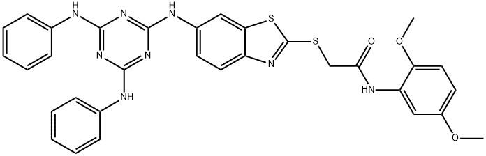 2-({6-[(4,6-dianilino-1,3,5-triazin-2-yl)amino]-1,3-benzothiazol-2-yl}sulfanyl)-N-(2,5-dimethoxyphenyl)acetamide 结构式