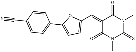 4-{5-[(1,3-dimethyl-4,6-dioxo-2-thioxotetrahydro-5(2H)-pyrimidinylidene)methyl]-2-furyl}benzonitrile 结构式