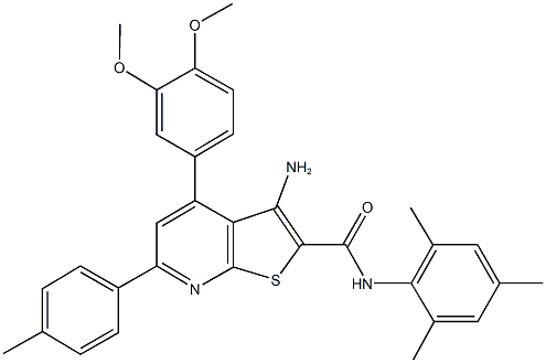 3-amino-4-(3,4-dimethoxyphenyl)-N-mesityl-6-(4-methylphenyl)thieno[2,3-b]pyridine-2-carboxamide 结构式