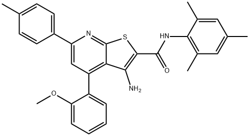 3-amino-N-mesityl-4-(2-methoxyphenyl)-6-(4-methylphenyl)thieno[2,3-b]pyridine-2-carboxamide 结构式