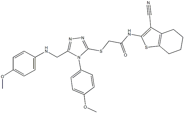 N-(3-cyano-4,5,6,7-tetrahydro-1-benzothien-2-yl)-2-{[5-[(4-methoxyanilino)methyl]-4-(4-methoxyphenyl)-4H-1,2,4-triazol-3-yl]sulfanyl}acetamide 结构式