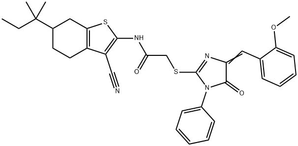 N-(3-cyano-6-tert-pentyl-4,5,6,7-tetrahydro-1-benzothien-2-yl)-2-{[4-(2-methoxybenzylidene)-5-oxo-1-phenyl-4,5-dihydro-1H-imidazol-2-yl]sulfanyl}acetamide 结构式