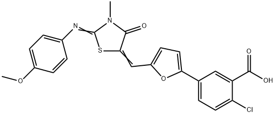 2-chloro-5-[5-({2-[(4-methoxyphenyl)imino]-3-methyl-4-oxo-1,3-thiazolidin-5-ylidene}methyl)-2-furyl]benzoic acid 结构式