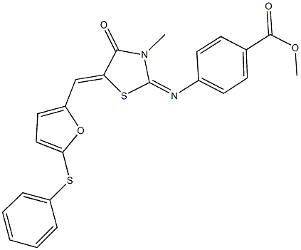 methyl 4-[(3-methyl-4-oxo-5-{[5-(phenylsulfanyl)-2-furyl]methylene}-1,3-thiazolidin-2-ylidene)amino]benzoate 结构式