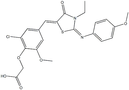 [2-chloro-4-({3-ethyl-2-[(4-methoxyphenyl)imino]-4-oxo-1,3-thiazolidin-5-ylidene}methyl)-6-methoxyphenoxy]acetic acid 结构式