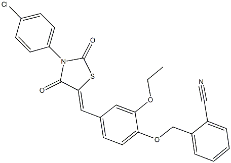 2-[(4-{[3-(4-chlorophenyl)-2,4-dioxo-1,3-thiazolidin-5-ylidene]methyl}-2-ethoxyphenoxy)methyl]benzonitrile 结构式