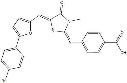 4-[(5-{[5-(4-bromophenyl)-2-furyl]methylene}-3-methyl-4-oxo-1,3-thiazolidin-2-ylidene)amino]benzoic acid 结构式