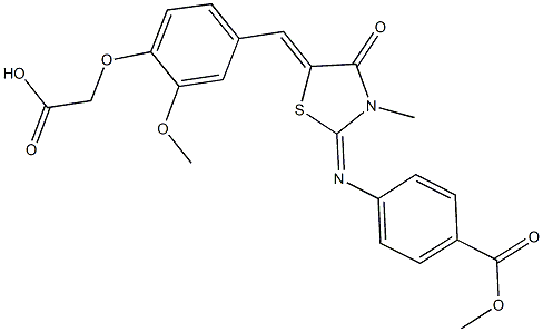 {2-methoxy-4-[(2-{[4-(methoxycarbonyl)phenyl]imino}-3-methyl-4-oxo-1,3-thiazolidin-5-ylidene)methyl]phenoxy}acetic acid 结构式