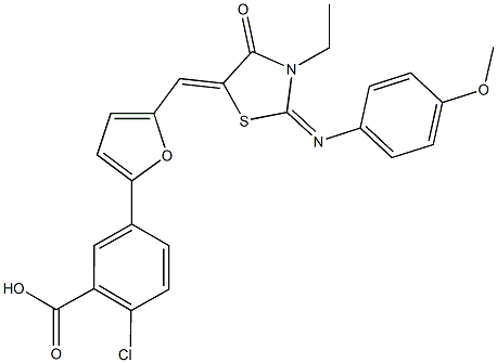 2-chloro-5-[5-({3-ethyl-2-[(4-methoxyphenyl)imino]-4-oxo-1,3-thiazolidin-5-ylidene}methyl)-2-furyl]benzoic acid 结构式