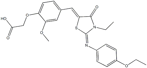 [4-({2-[(4-ethoxyphenyl)imino]-3-ethyl-4-oxo-1,3-thiazolidin-5-ylidene}methyl)-2-methoxyphenoxy]aceticacid 结构式