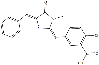 5-[(5-benzylidene-3-methyl-4-oxo-1,3-thiazolidin-2-ylidene)amino]-2-chlorobenzoic acid 结构式