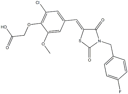 (2-chloro-4-{[3-(4-fluorobenzyl)-2,4-dioxo-1,3-thiazolidin-5-ylidene]methyl}-6-methoxyphenoxy)acetic acid 结构式