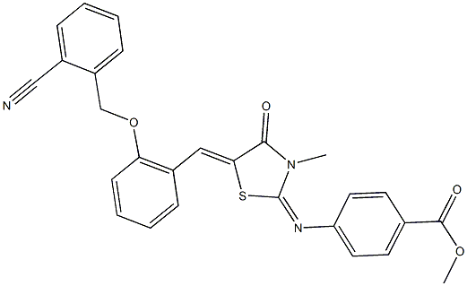 methyl 4-[(5-{2-[(2-cyanobenzyl)oxy]benzylidene}-3-methyl-4-oxo-1,3-thiazolidin-2-ylidene)amino]benzoate 结构式