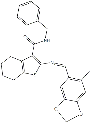 N-benzyl-2-{[(6-methyl-1,3-benzodioxol-5-yl)methylene]amino}-4,5,6,7-tetrahydro-1-benzothiophene-3-carboxamide 结构式