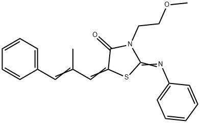 3-(2-methoxyethyl)-5-(2-methyl-3-phenyl-2-propenylidene)-2-(phenylimino)-1,3-thiazolidin-4-one 结构式