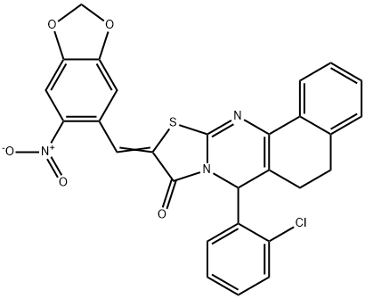 7-(2-chlorophenyl)-10-({6-nitro-1,3-benzodioxol-5-yl}methylene)-5,7-dihydro-6H-benzo[h][1,3]thiazolo[2,3-b]quinazolin-9(10H)-one 结构式