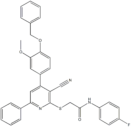 2-({4-[4-(benzyloxy)-3-methoxyphenyl]-3-cyano-6-phenyl-2-pyridinyl}sulfanyl)-N-(4-fluorophenyl)acetamide 结构式