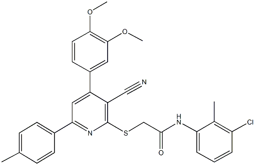 N-(3-chloro-2-methylphenyl)-2-{[3-cyano-4-(3,4-dimethoxyphenyl)-6-(4-methylphenyl)-2-pyridinyl]sulfanyl}acetamide 结构式