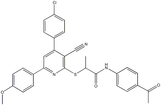 N-(4-acetylphenyl)-2-{[4-(4-chlorophenyl)-3-cyano-6-(4-methoxyphenyl)-2-pyridinyl]sulfanyl}propanamide 结构式