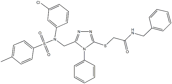 N-benzyl-2-{[5-({3-chloro[(4-methylphenyl)sulfonyl]anilino}methyl)-4-phenyl-4H-1,2,4-triazol-3-yl]sulfanyl}acetamide 结构式
