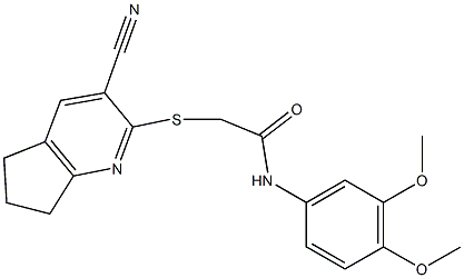 2-[(3-cyano-6,7-dihydro-5H-cyclopenta[b]pyridin-2-yl)sulfanyl]-N-(3,4-dimethoxyphenyl)acetamide 结构式