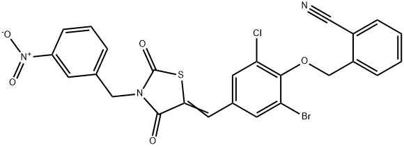 2-({2-bromo-6-chloro-4-[(3-{3-nitrobenzyl}-2,4-dioxo-1,3-thiazolidin-5-ylidene)methyl]phenoxy}methyl)benzonitrile 结构式