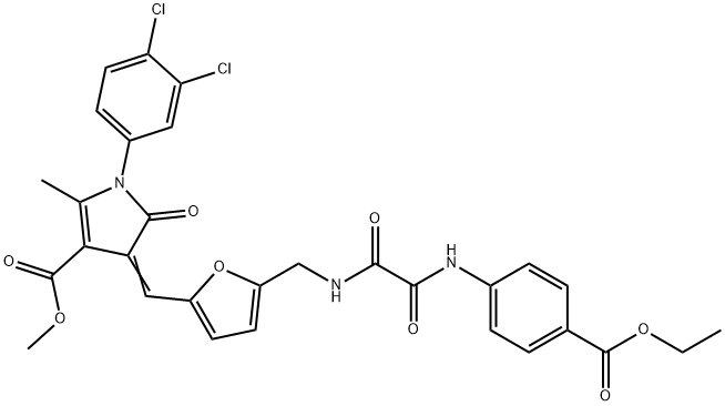 methyl 1-(3,4-dichlorophenyl)-4-{[5-({[[4-(ethoxycarbonyl)anilino](oxo)acetyl]amino}methyl)-2-furyl]methylene}-2-methyl-5-oxo-4,5-dihydro-1H-pyrrole-3-carboxylate 结构式